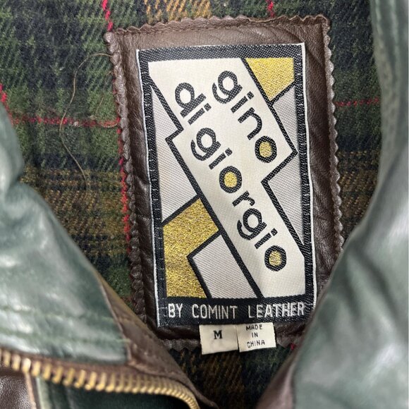 Gino Di Giorgio Leather Brown Jacket With Green Collar & Plaid Lining Sz M - Picture 5 of 7